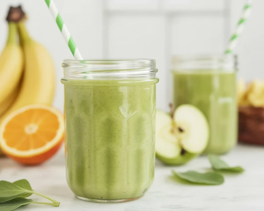 Healthy budget-friendly green smoothie with spinach and frozen fruits