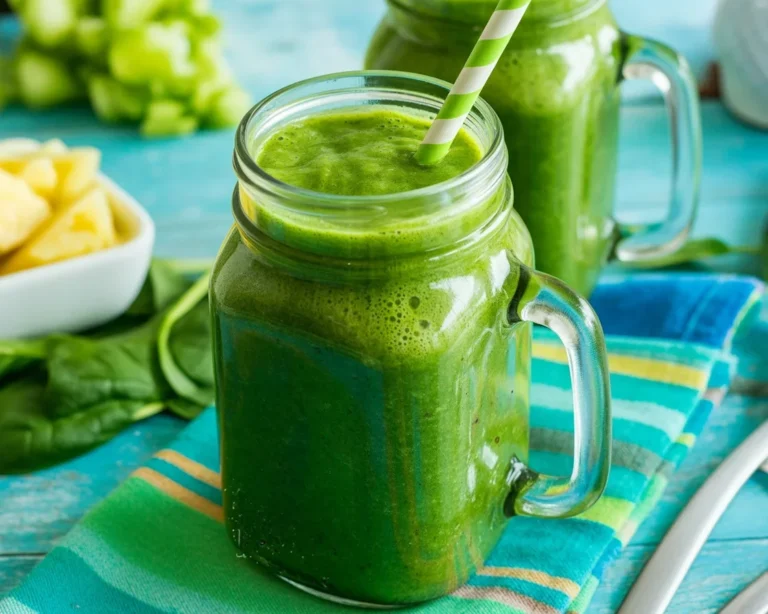 Green Smoothie Recipe for Detox with spinach, kale, banana and ginger in a glass.