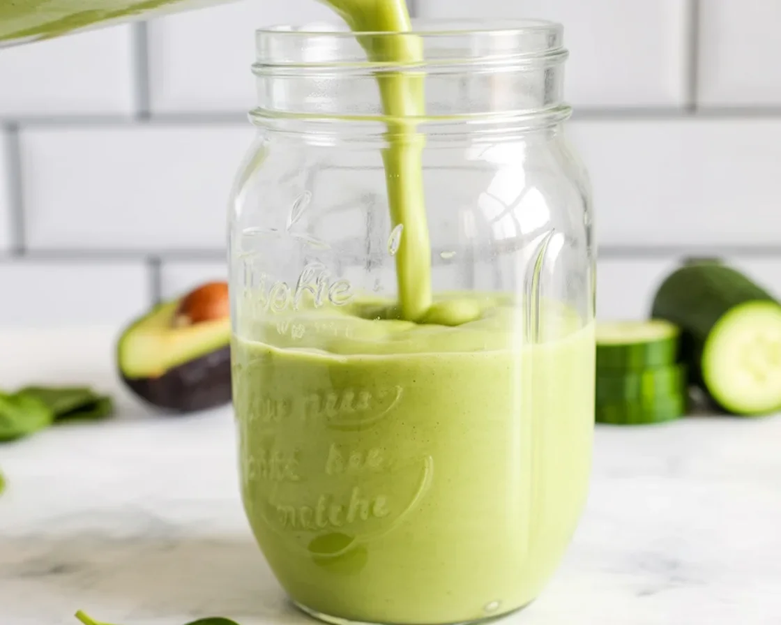 Healthy green smoothie with superfoods including spinach, banana, and almond milk.