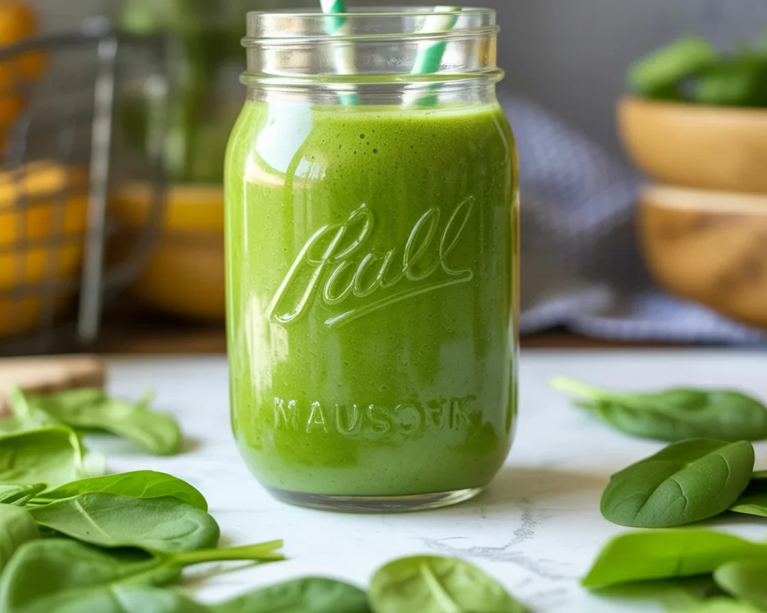 A refreshing green smoothie made with spinach, banana, and almond milk in a blender.