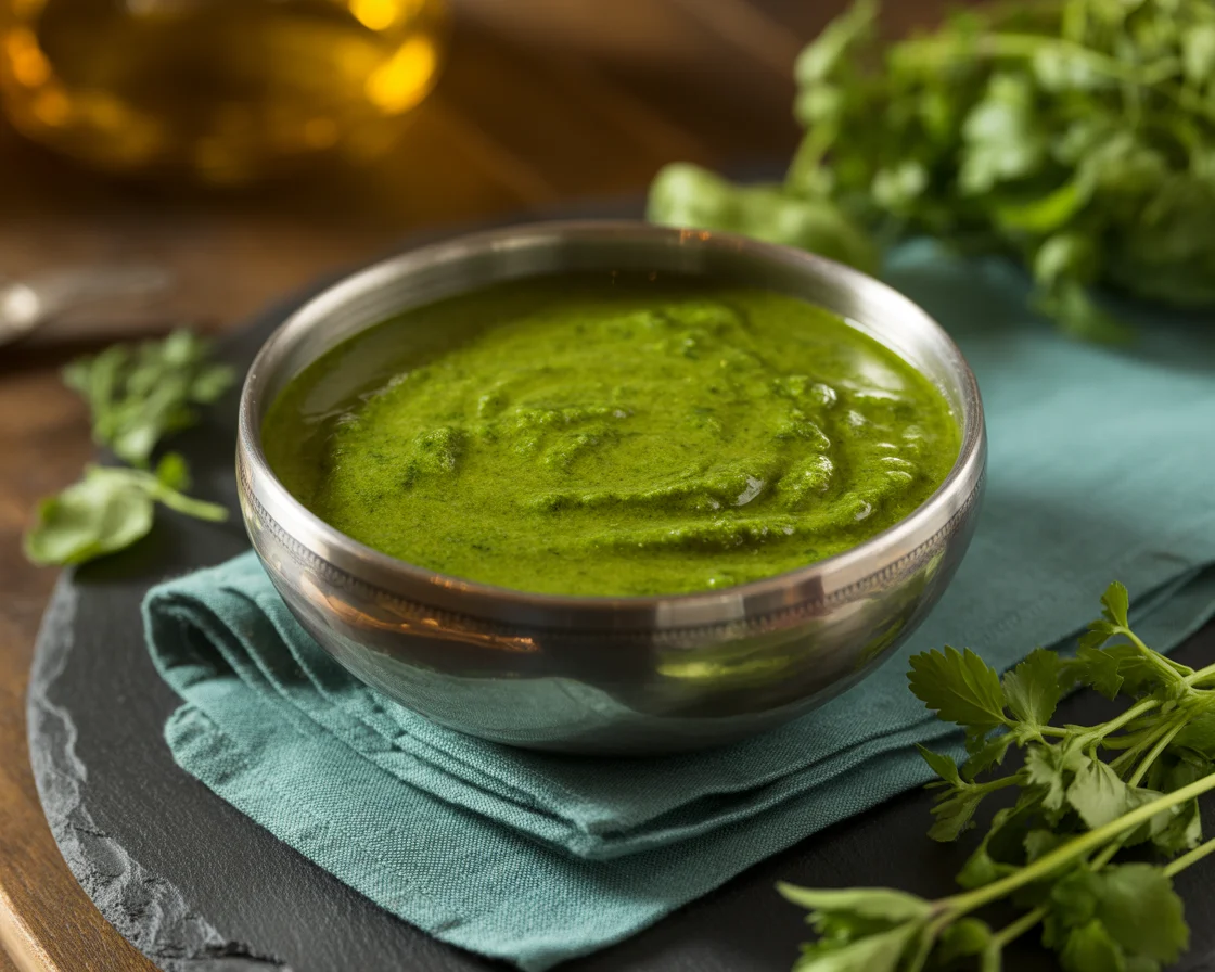 Vibrant green detox juice in ceramic bowl garnished with fresh herbs on blue napkin