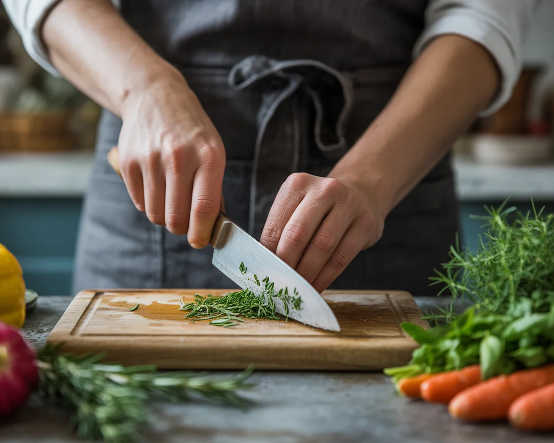 Hands chopping fresh rosemary on cutting board for seasonal detox juice recipe