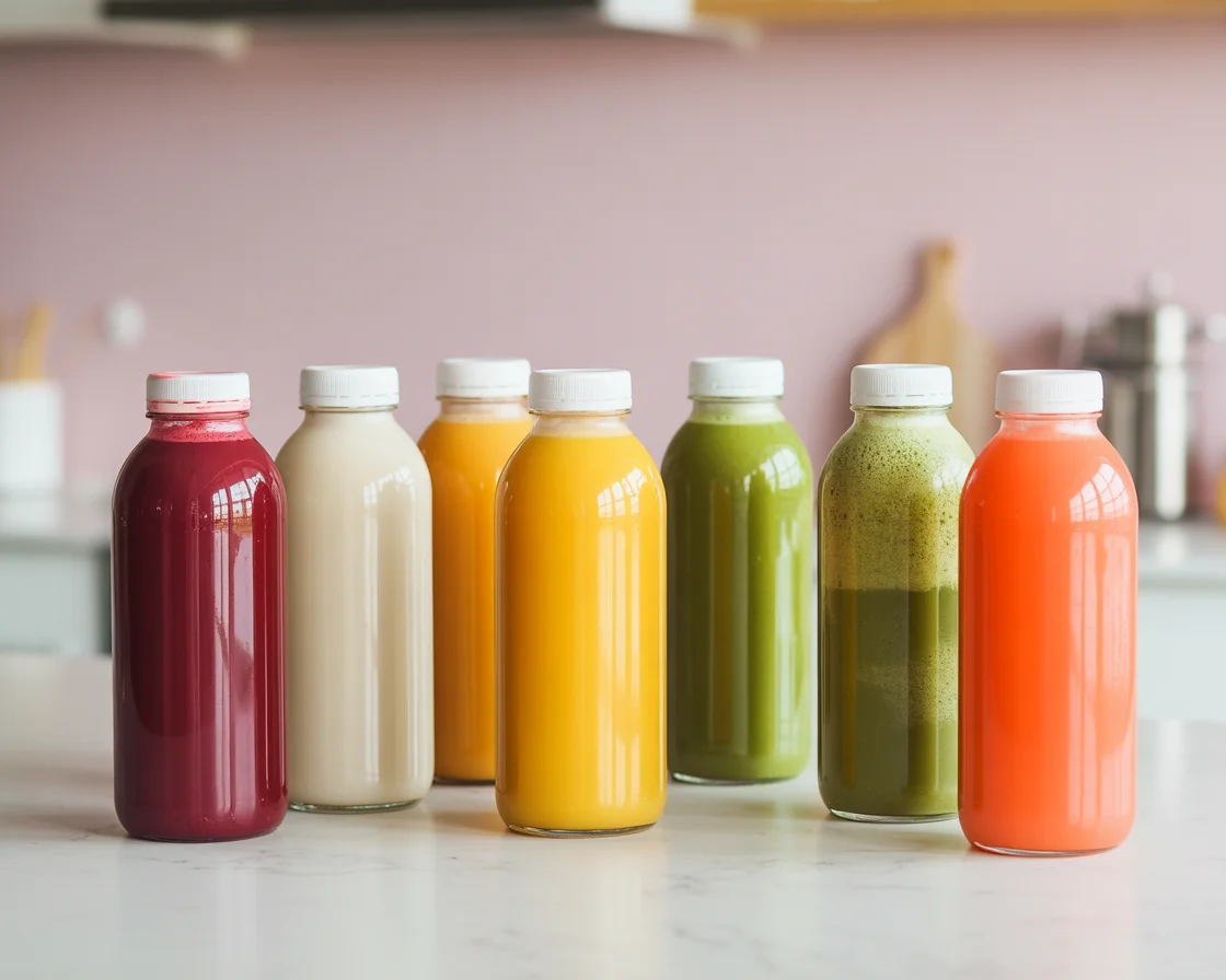 a photo showing a different bottles of Detox Juices and destox Smoothies on a marble table