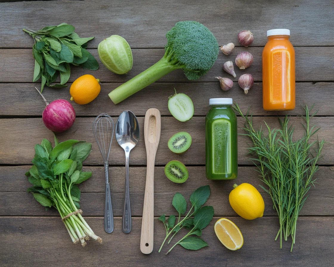 Fresh detox juice ingredients arranged on wooden surface with broccoli kiwi herbs and glass bottles