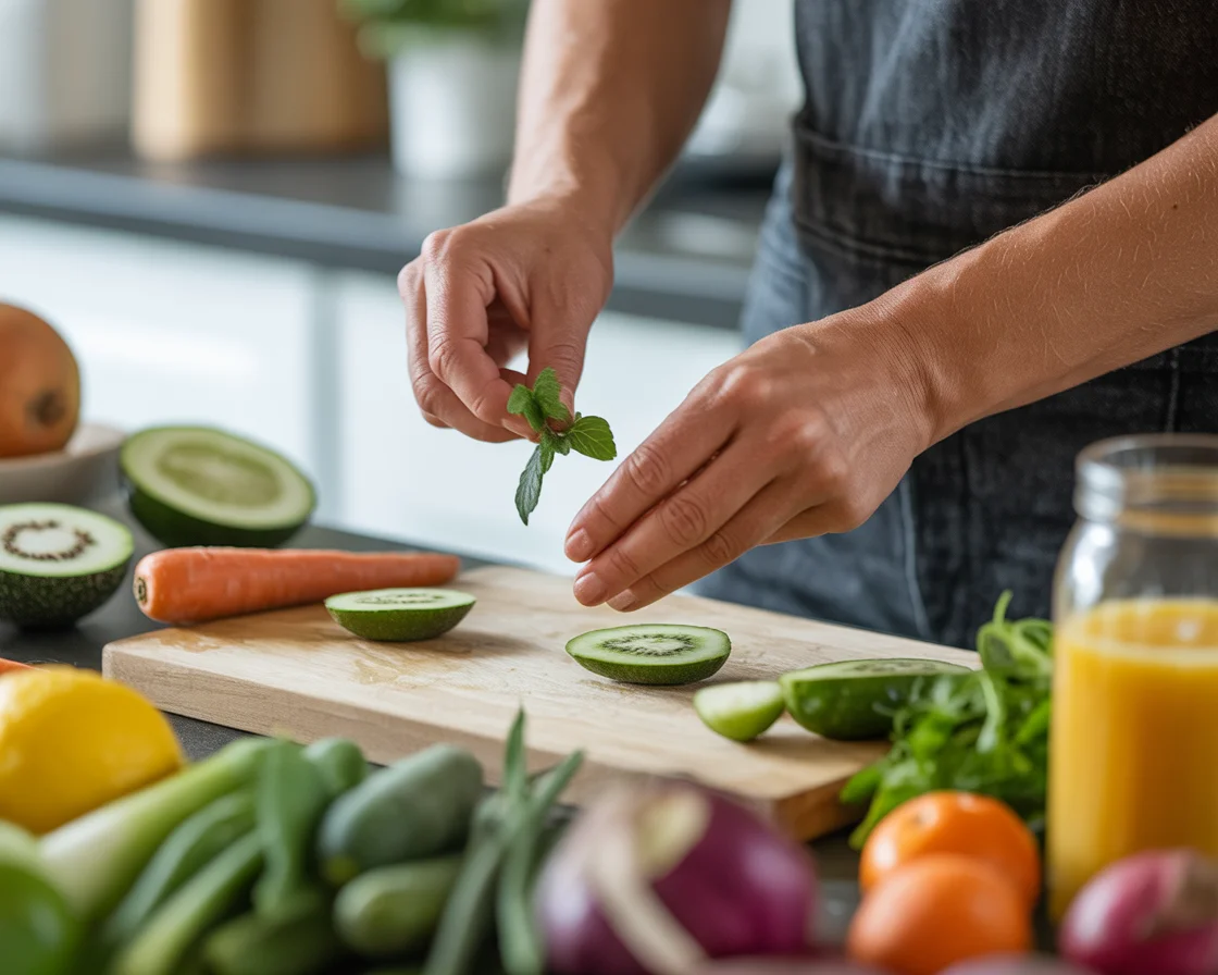 Hands garnishing cucumber slices with fresh mint on wooden cutting board surrounded by vegetables
