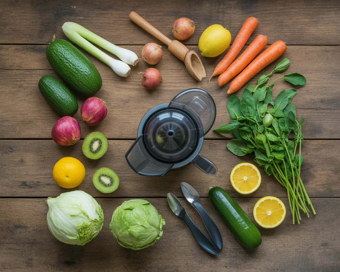 Fresh vegetables and juicing ingredients arranged around black juicer on wooden surface
