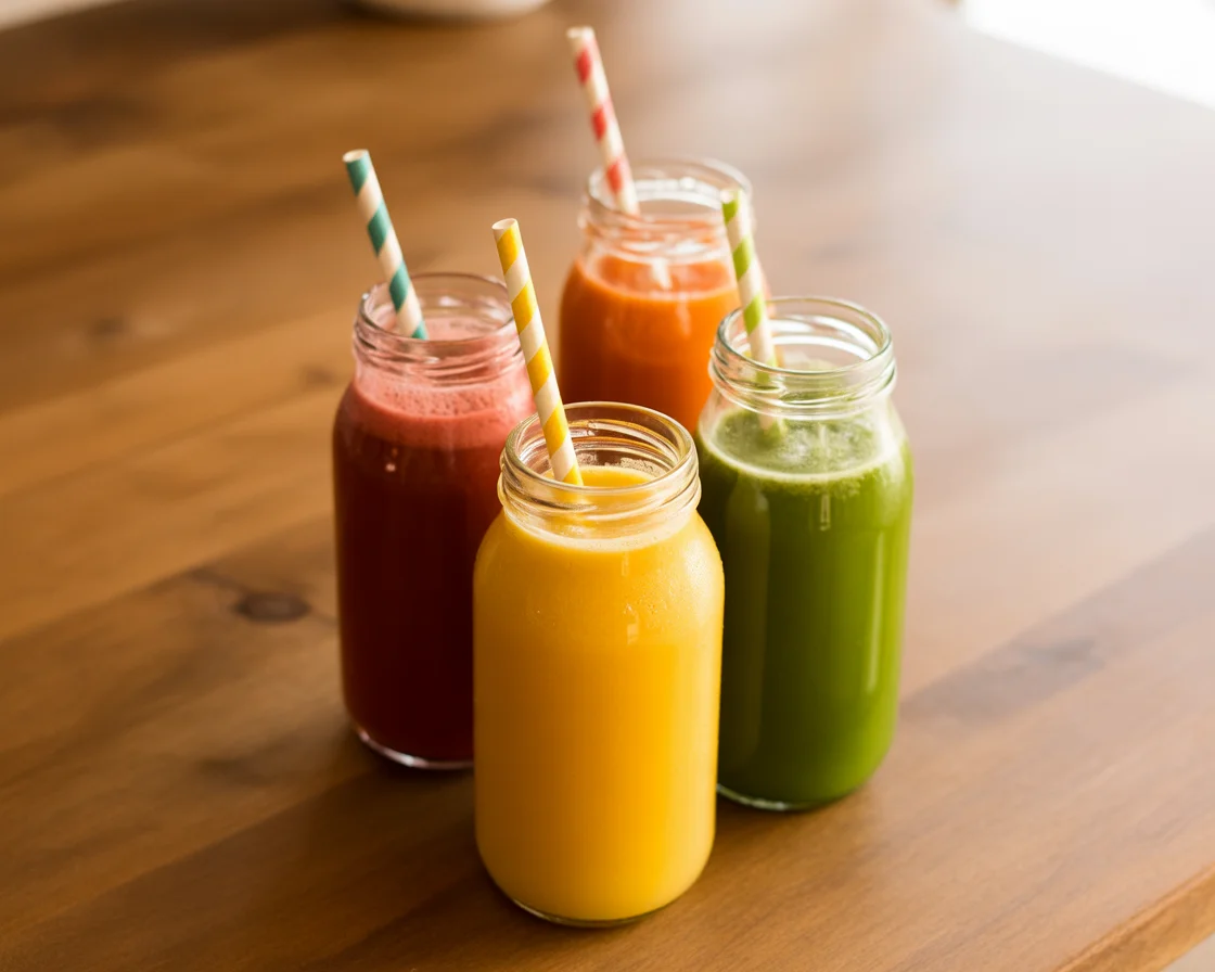 Four colorful kid-friendly detox juices in mason jars with striped straws on wooden table