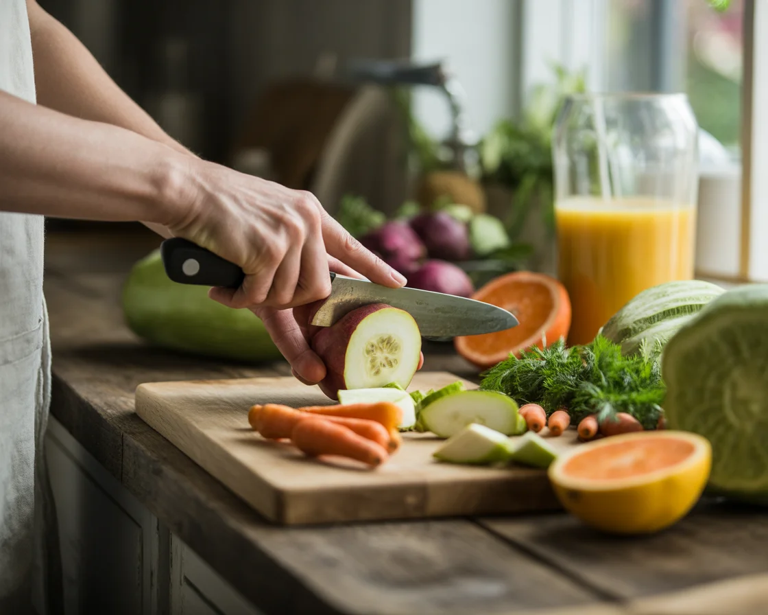 Parent preparing kid-friendly detox juice by slicing fresh cucumber with colorful vegetables on cutting board