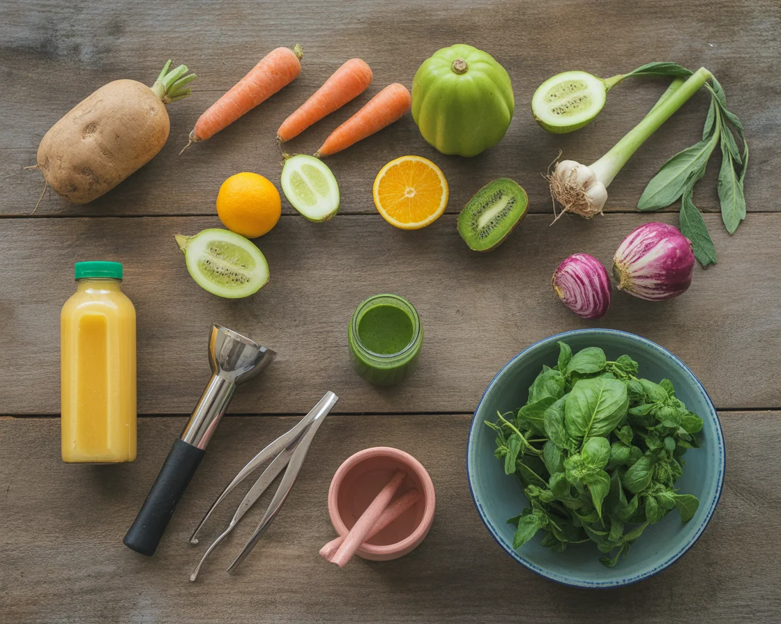 Family-friendly detox juice ingredients including carrots oranges kiwi and leafy greens arranged on wooden surface