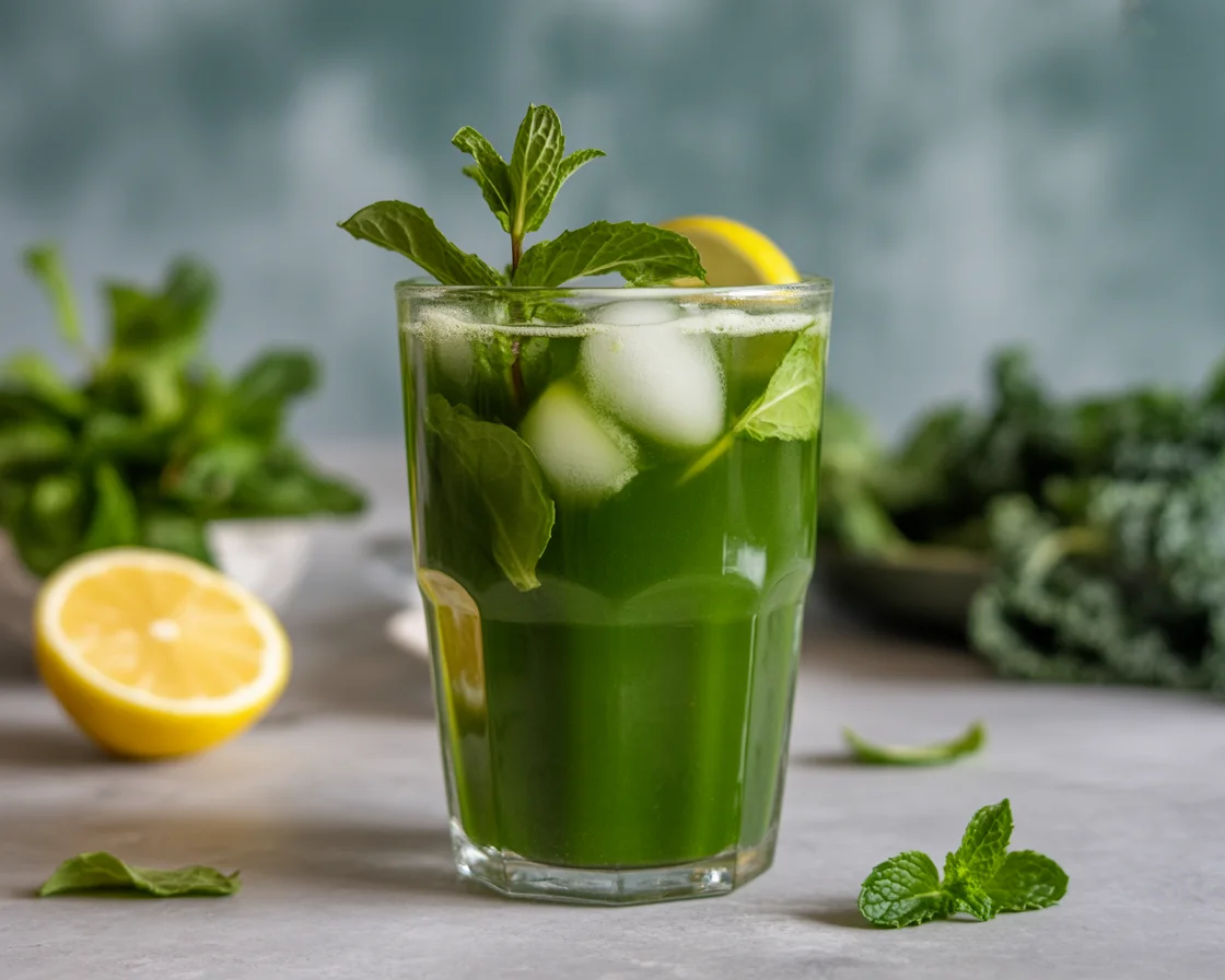 Fresh green sleep-promoting detox juice garnished with mint leaves in glass on counter