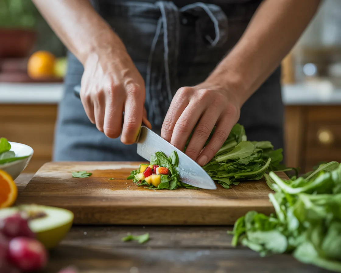 Hands preparing fresh leafy greens for bedtime detox juice recipe on wooden cutting board