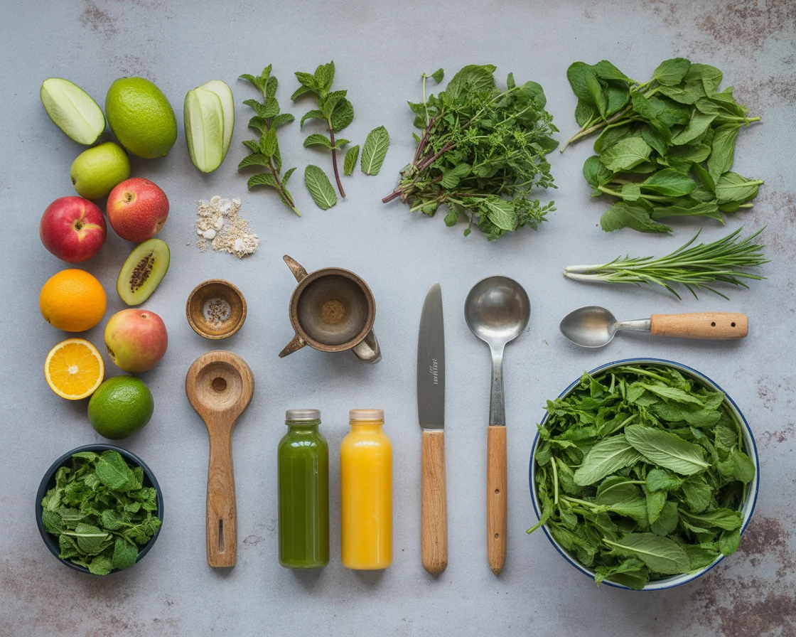 Natural sleep aid ingredients including leafy greens citrus fruits and herbs arranged for detox juice recipe