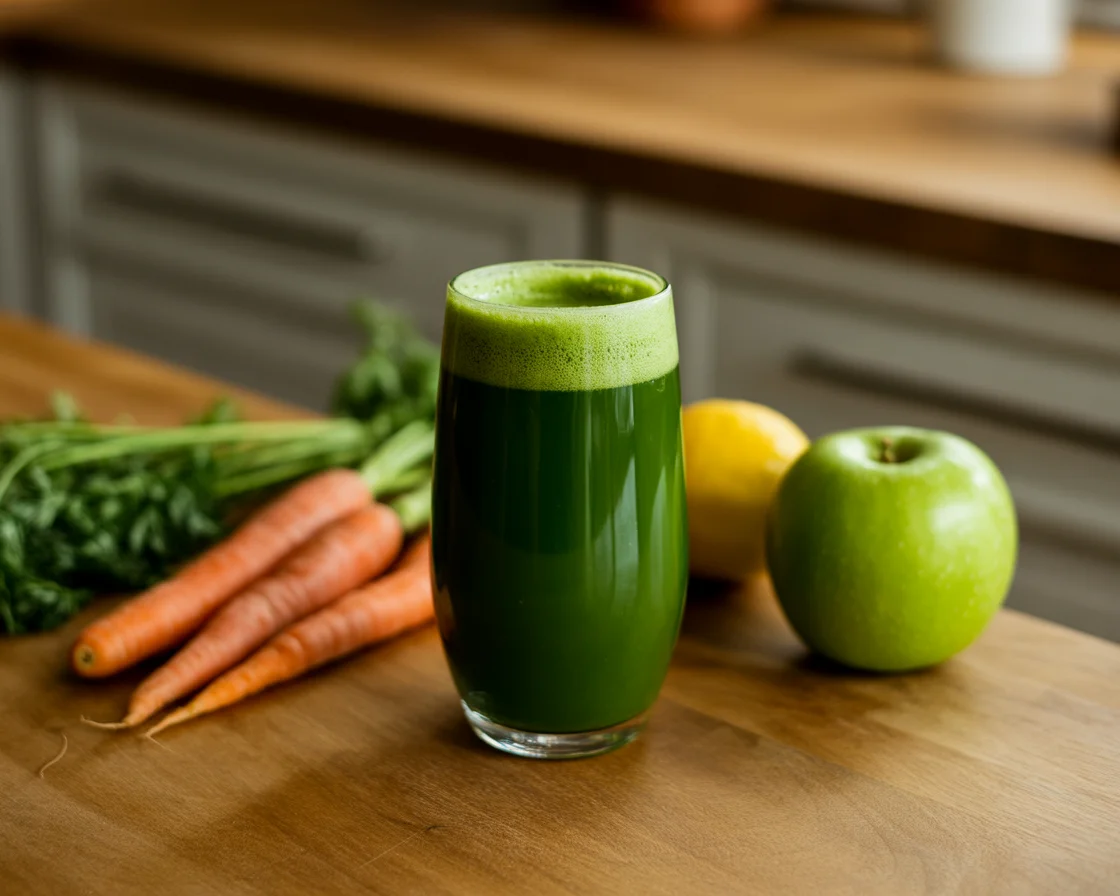 Sustainable green detox juice made with local organic carrots kale and apple on wooden kitchen counter