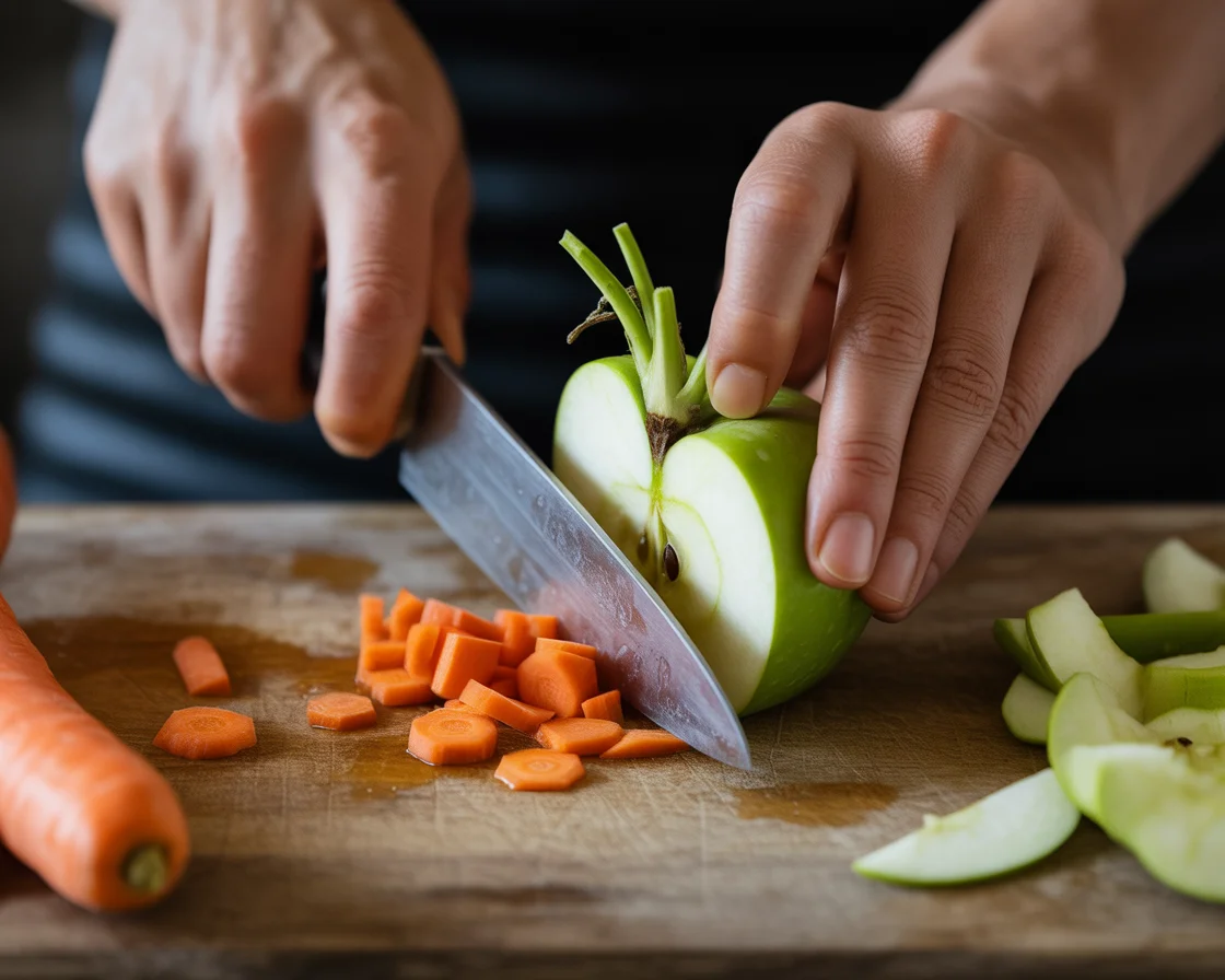 Zero-waste juice ingredients including organic carrots lemon apple and reusable glass pitcher for sustainable juicing