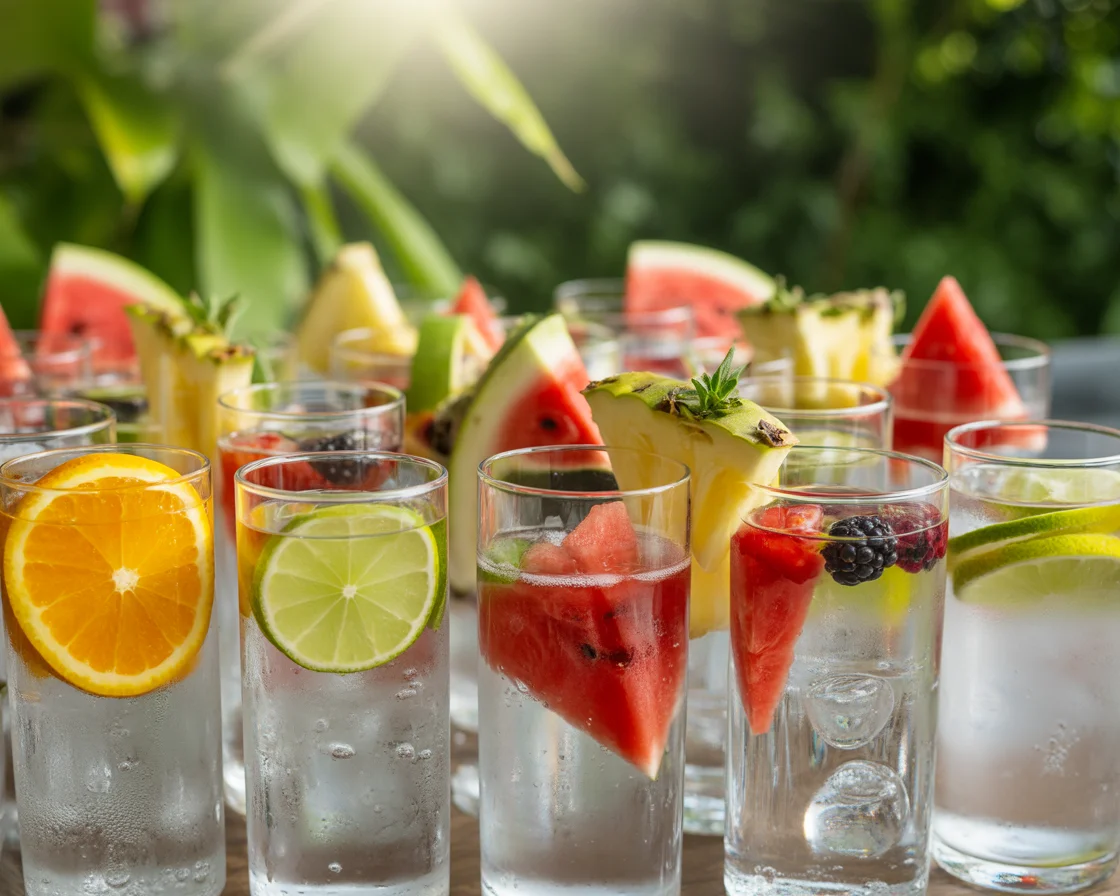 Glasses of detox water with fresh fruits and berries — highlighting hydration, water, and health benefits for detox juice recipes.