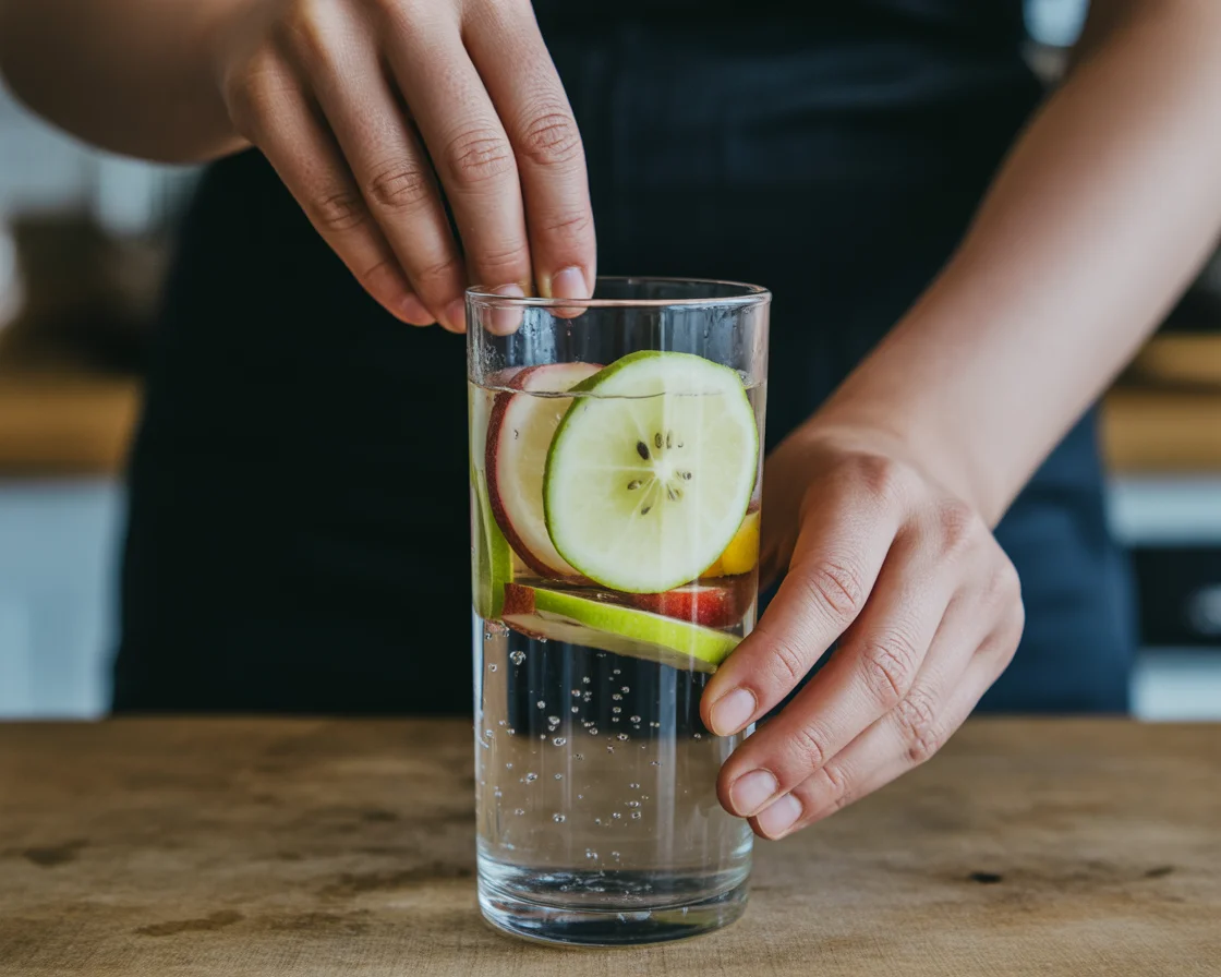 Hands adding cucumber and apple slices to a glass of water — showing the hydrating base for detox juice, essential for health and wellness.