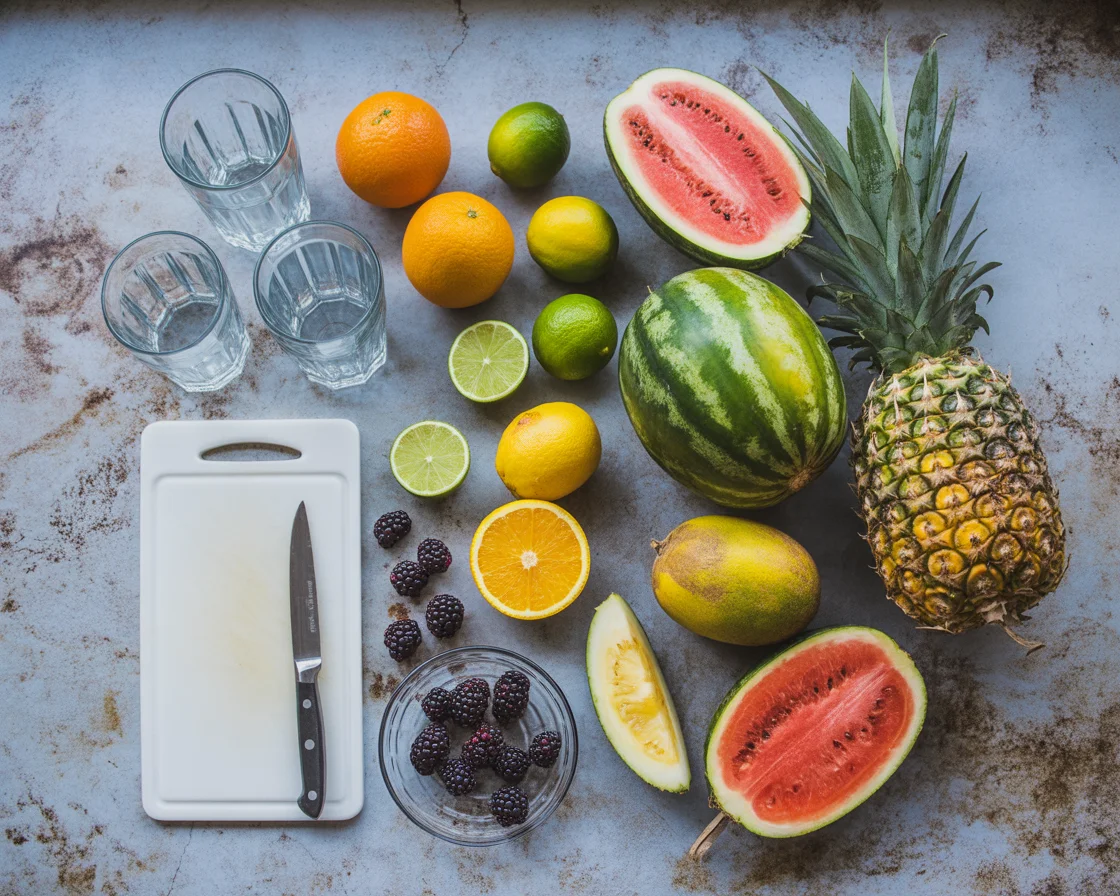 Assorted fresh fruits, glasses, and cutting board setup for making detox juice — emphasizing the importance of water and hydration in health-focused recipes.