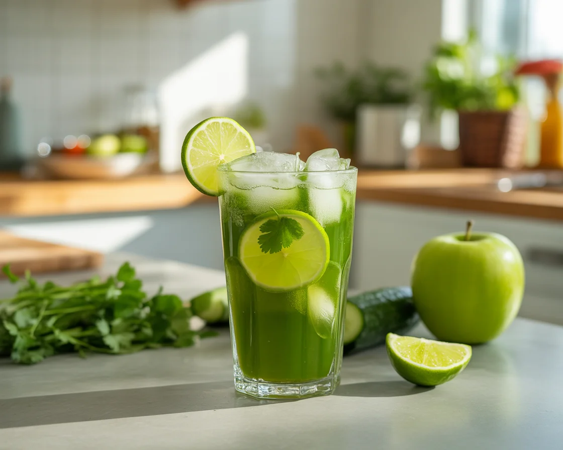 A glass of Detox Juice for Nausea Relief with apple and lemon on a medern kitchen