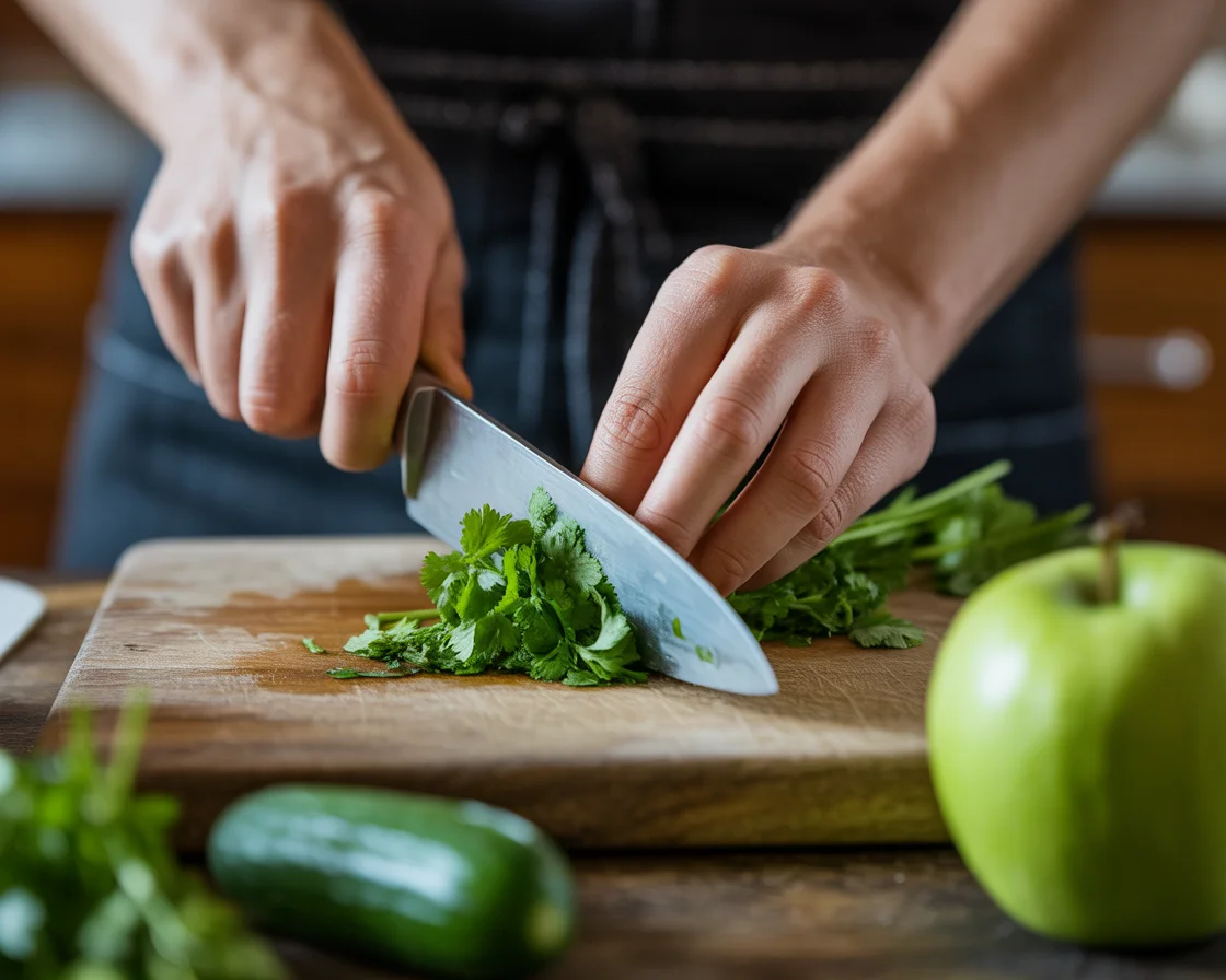 A hands cutting cazbara with a knife to prepare the Detox Juice Recipe